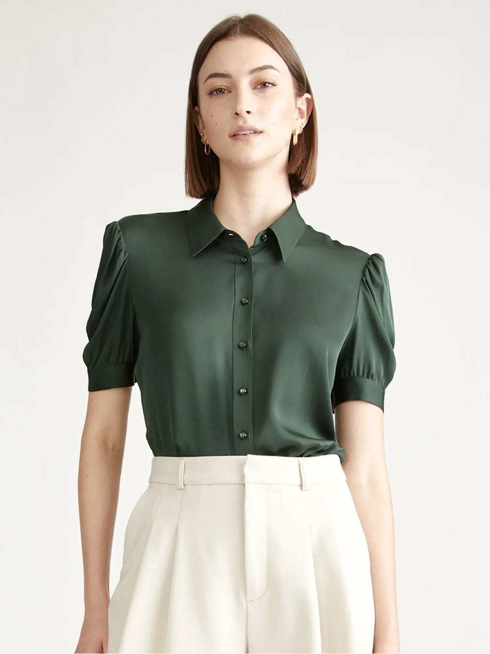 Quince Washable Stretch Silk Puff Sleeve Blouse in Forest Green Sz Small